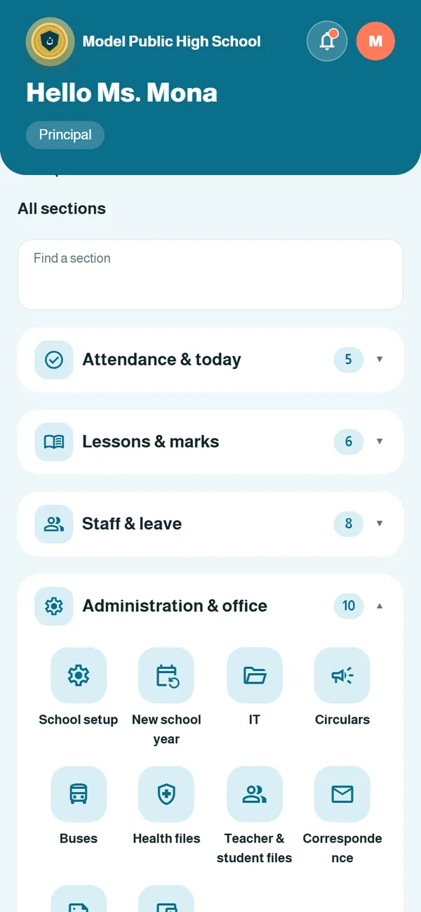 The principal’s sections grouped in drawers: Attendance & today, Lessons & marks, Staff & leave, Administration & office
