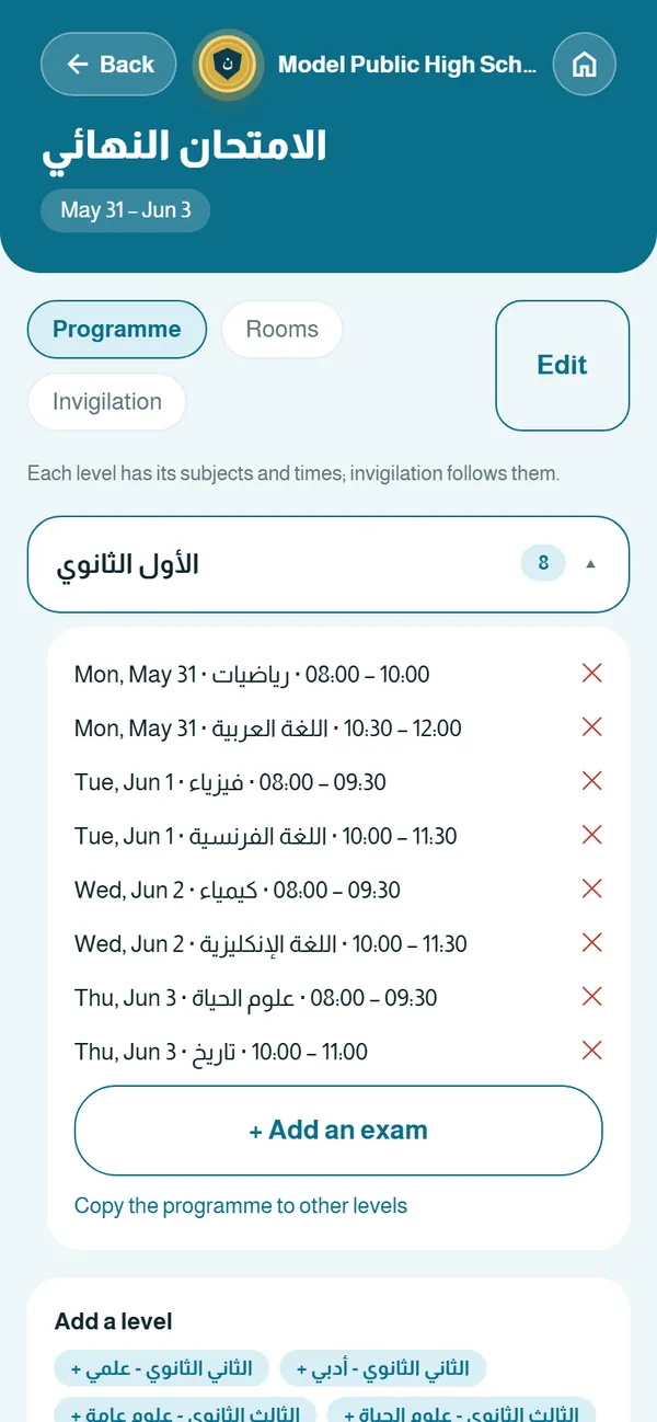 Exam schedule — Subjects, rooms and invigilation