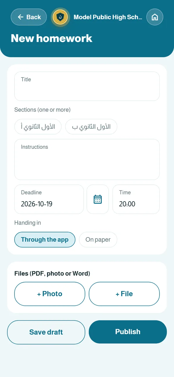 New homework — Text, photos, files and a due date