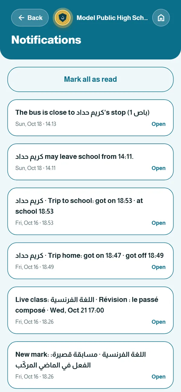 Notifications — Bus, marks, fees, live classes