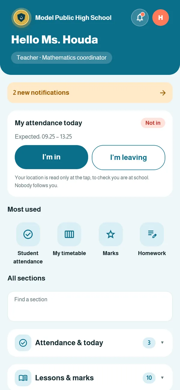A teacher’s home screen: today’s attendance and most-used sections